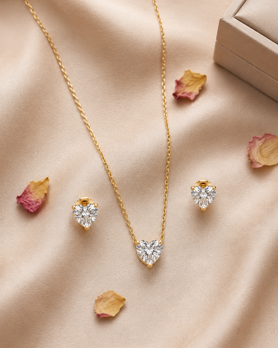 925 Sterling Silver heart-shaped solitaire necklace and earrings set #color_gold