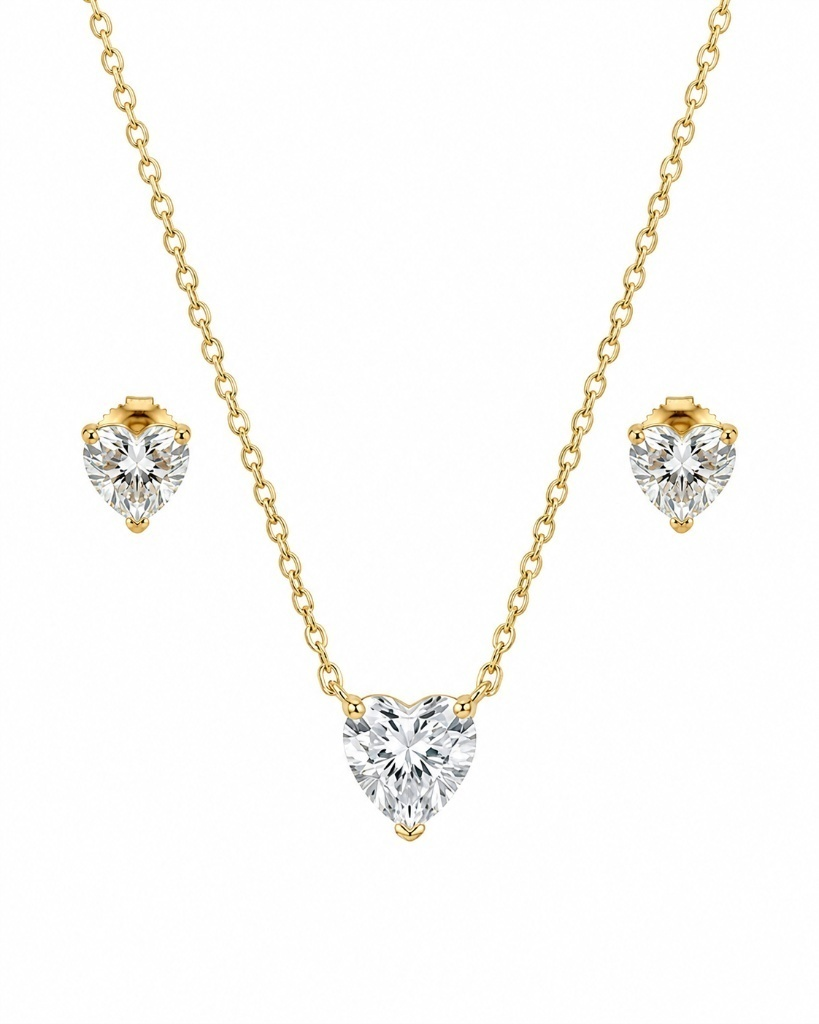 925 Sterling Silver heart-shaped solitaire necklace and earrings set #color_gold