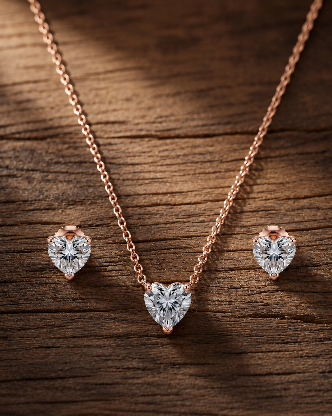 925 Sterling Silver heart-shaped solitaire necklace and earrings set #color_rose gold