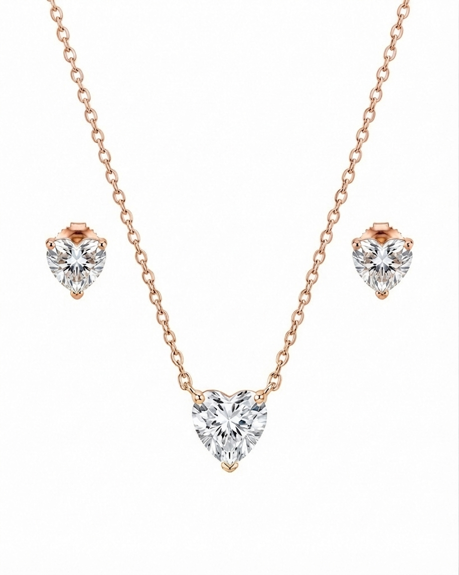 925 Sterling Silver heart-shaped solitaire necklace and earrings set #color_rose gold