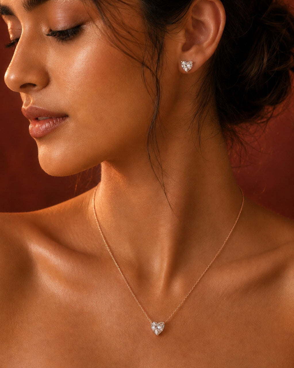 925 Sterling Silver heart-shaped solitaire necklace and earrings set #color_rose gold