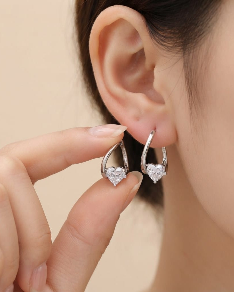 Pair of 925 Sterling Silver heart charm huggie hoop earrings