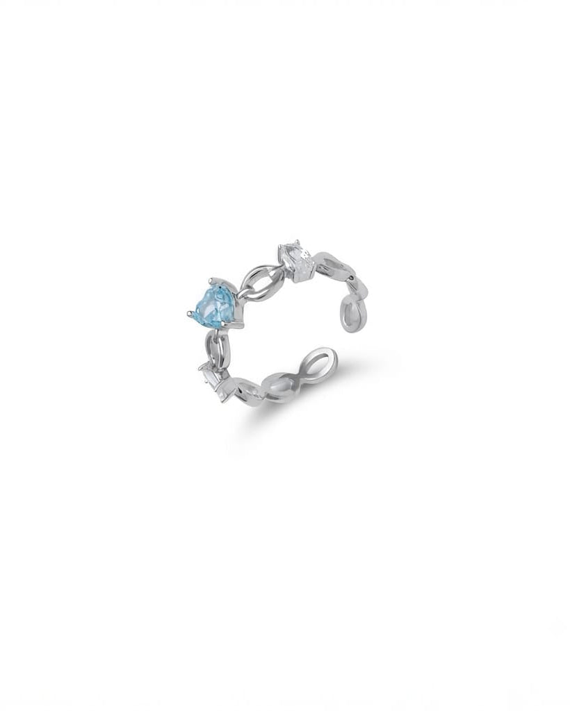 925 Sterling Silver heart link open ring with blue and white accents