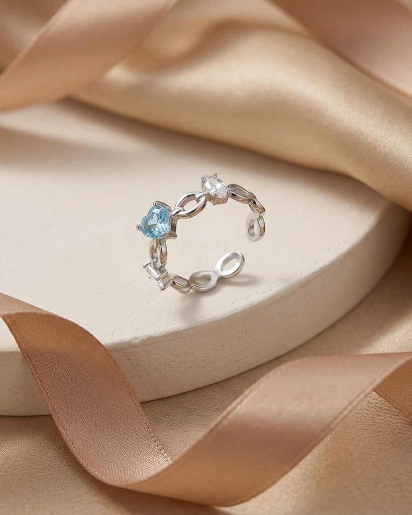 925 Sterling Silver heart link open ring with blue and white accents