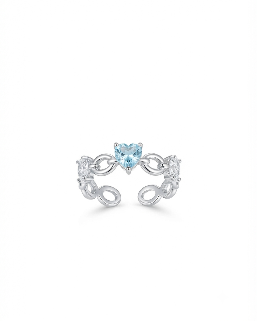 925 Sterling Silver heart link open ring with blue and white accents