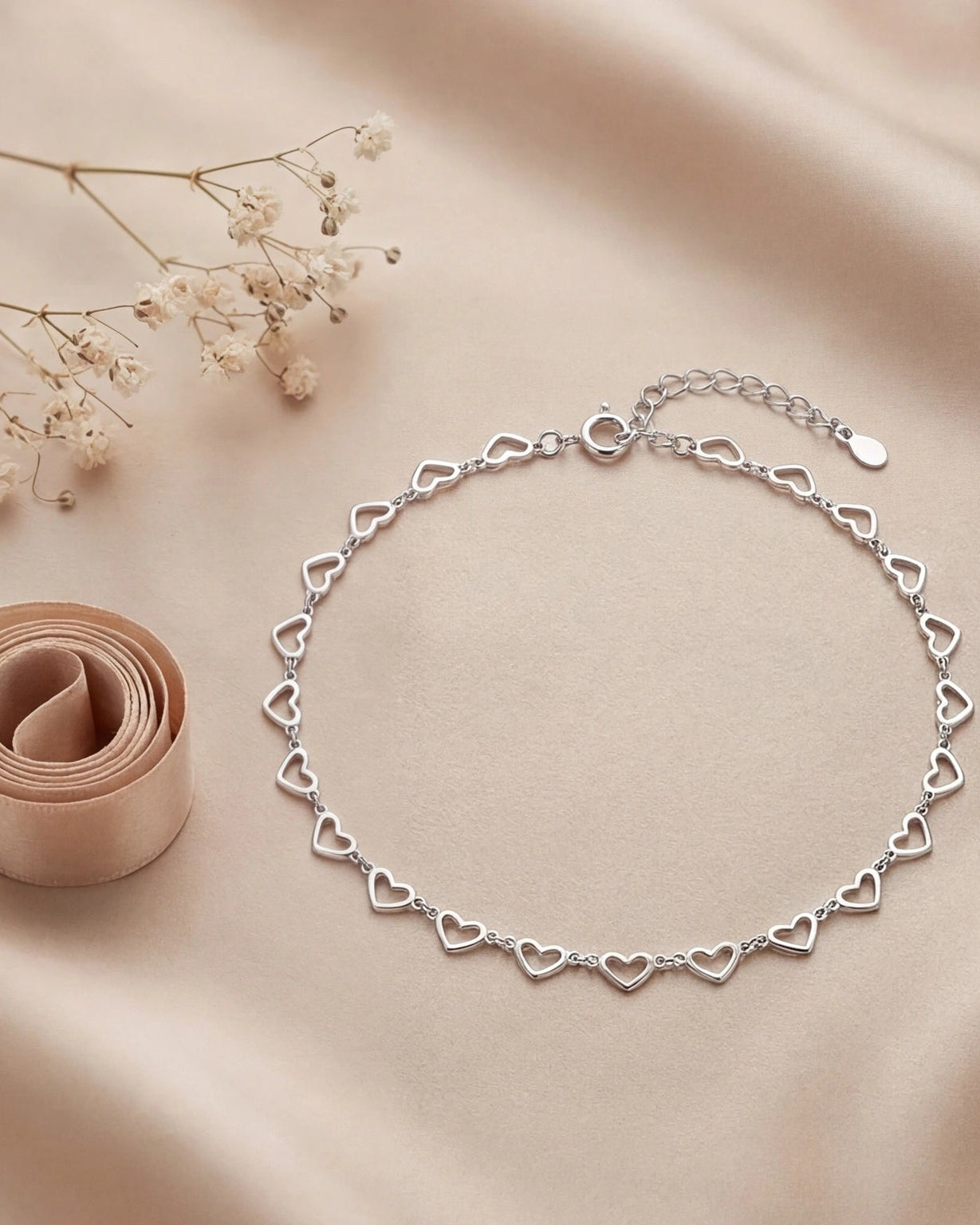 Elegant silver anklet with heart chain #color_silver