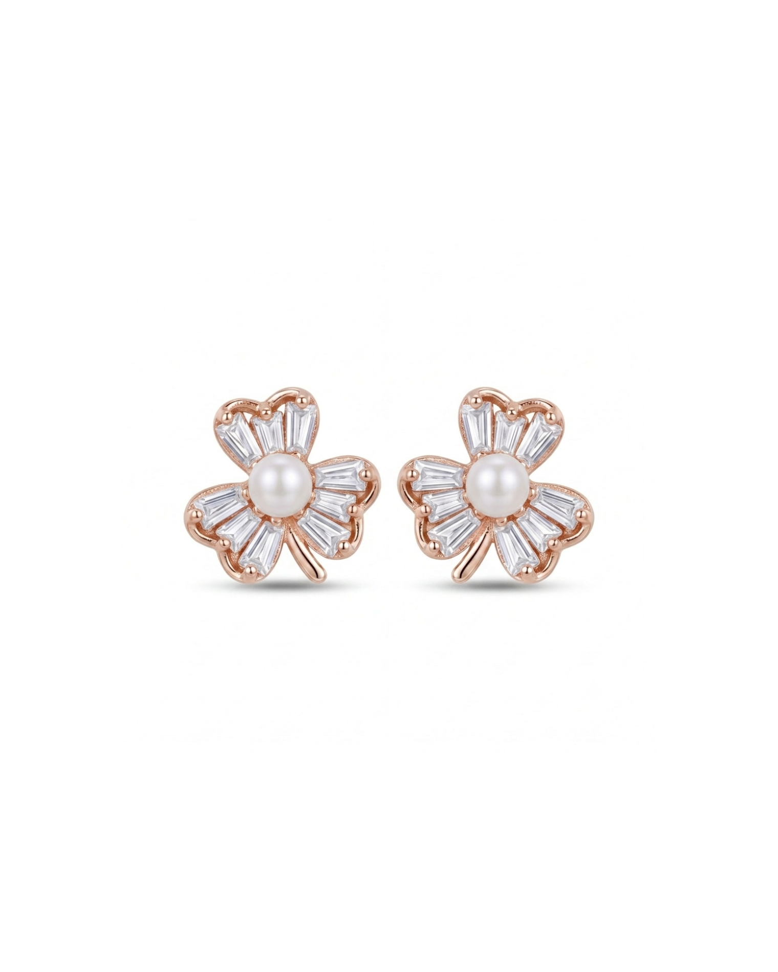 Pair of floral earrings with pearl centers on a white background #color_rose gold