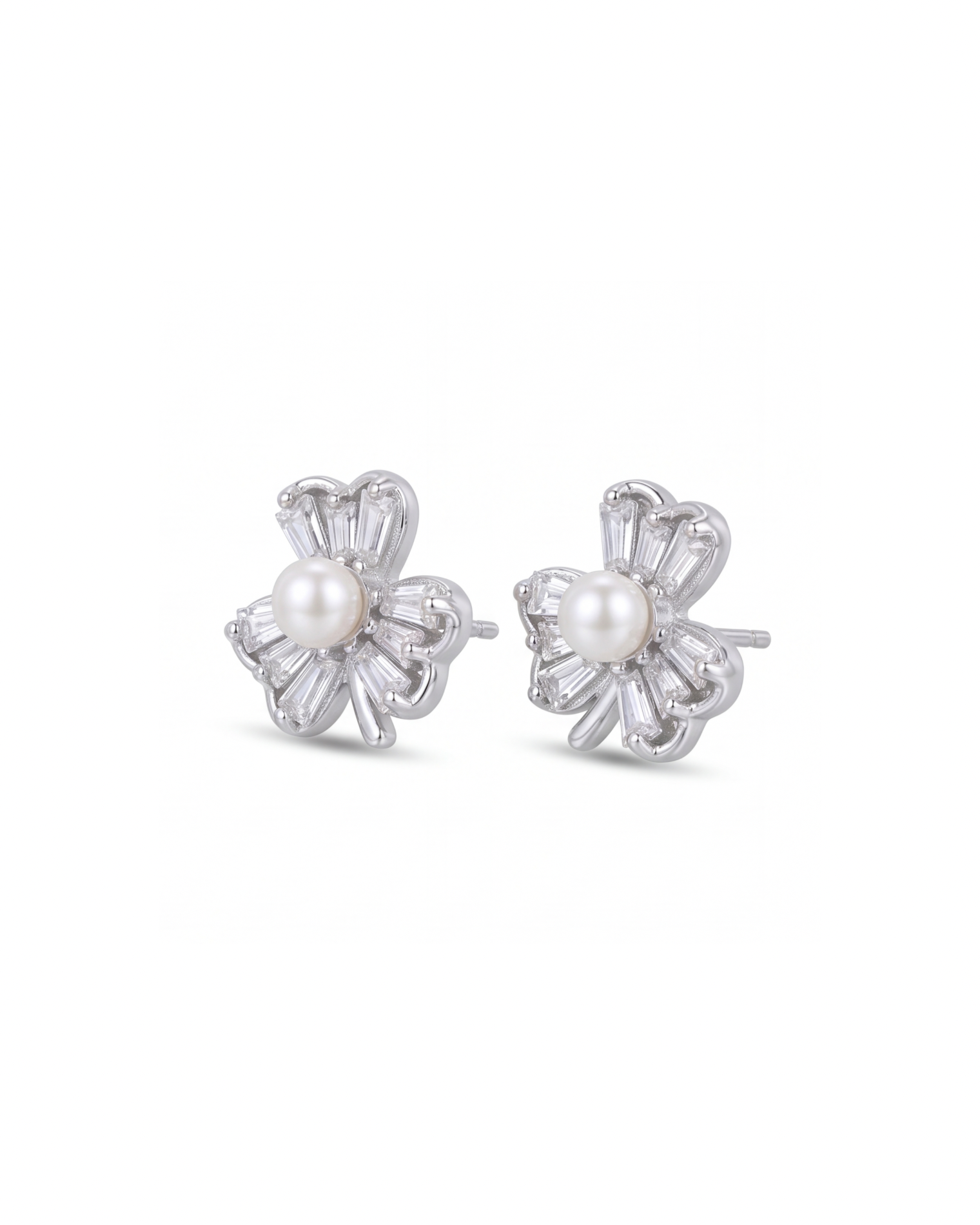 Pair of silver earrings with pearl centers on a white background #color_silver
