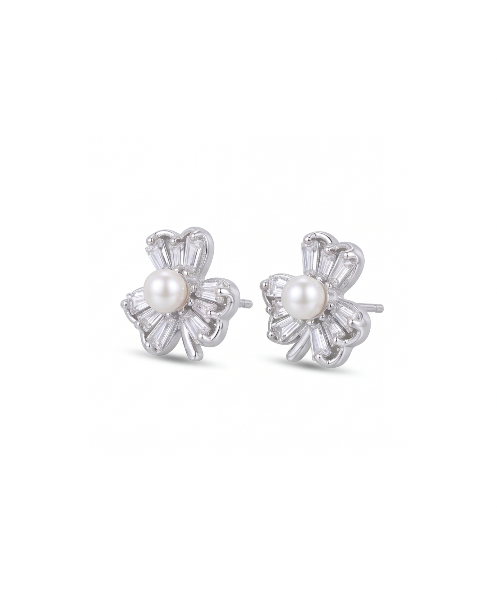 Pair of silver earrings with pearl centers on a white background#color_silver