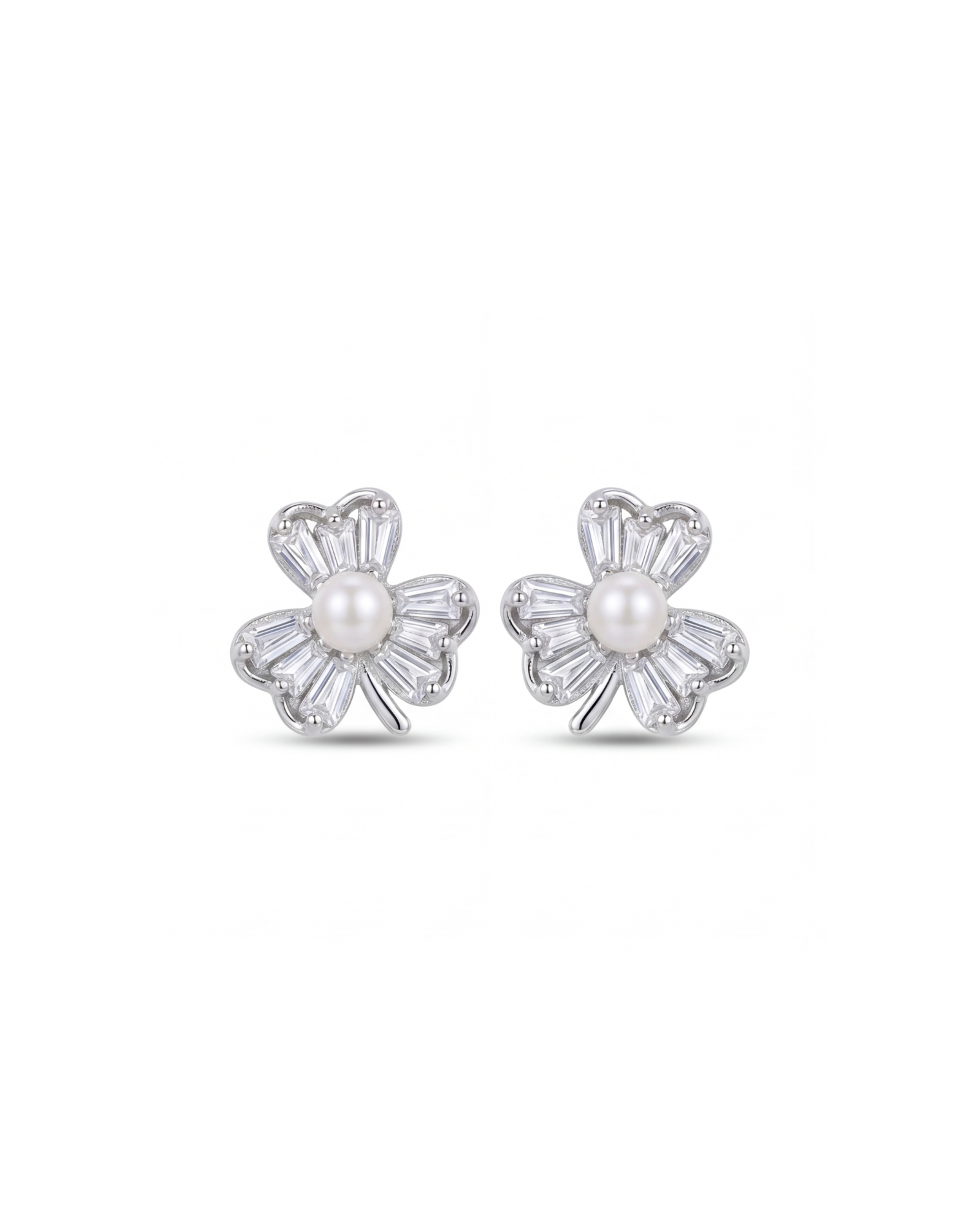 Pair of silver flower-shaped earrings with pearls on a white background #color_silver