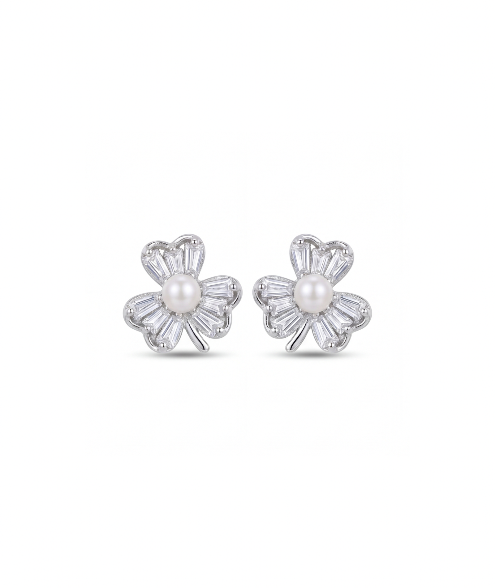 Pair of silver flower-shaped earrings with pearls on a white background#color_silver