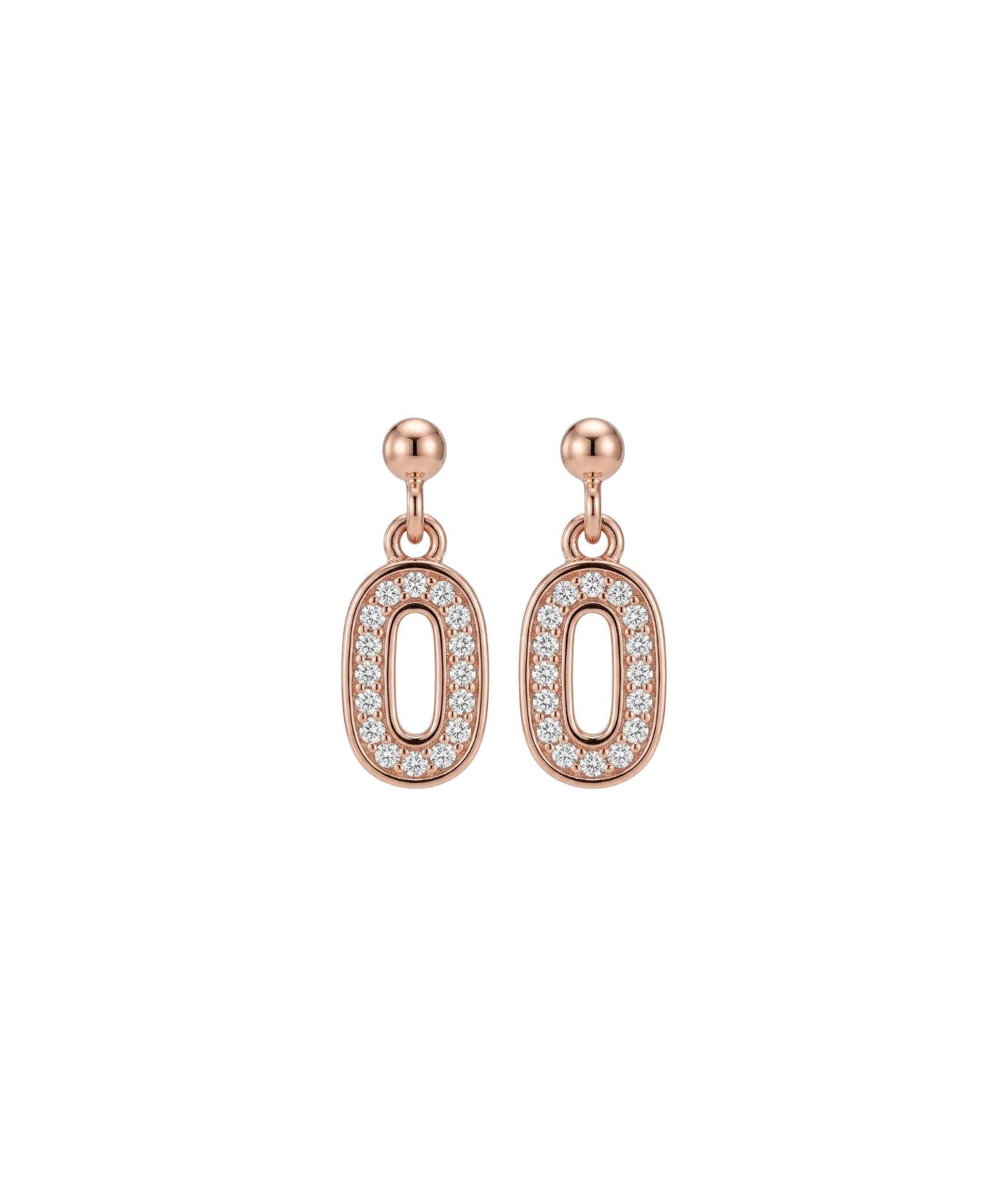 Rose gold earrings with circular design and clear stones on a white background#color_rose gold