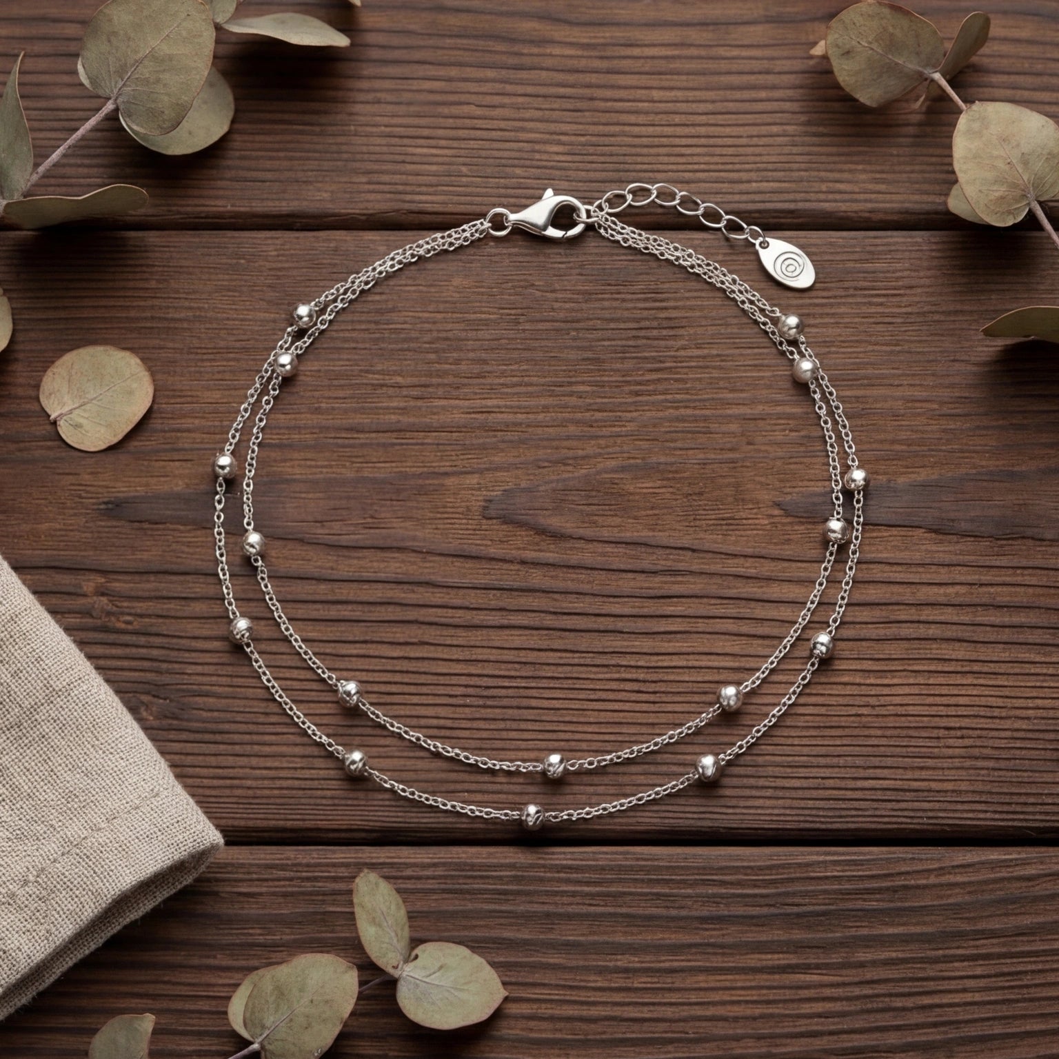 Double Bead Anklet – Dual Chain Silver Bead Anklet