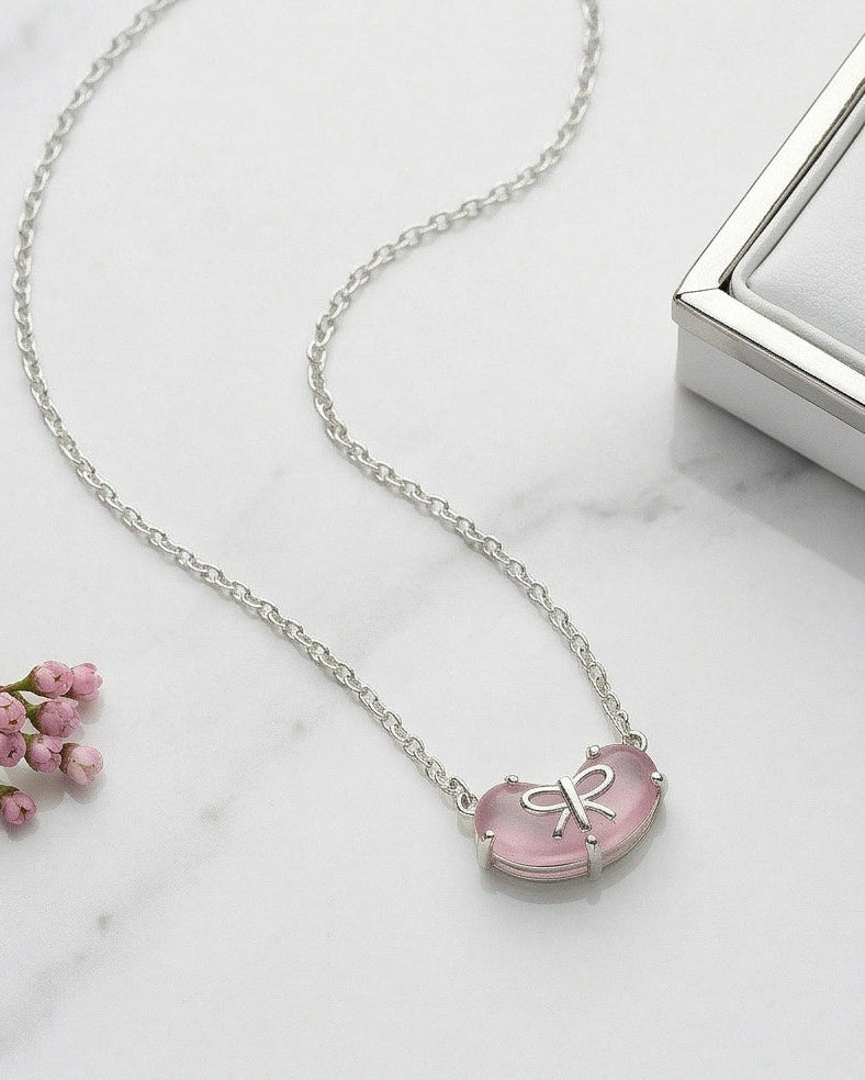 Pink CZ Bow Heart Necklace for Women#color_silver