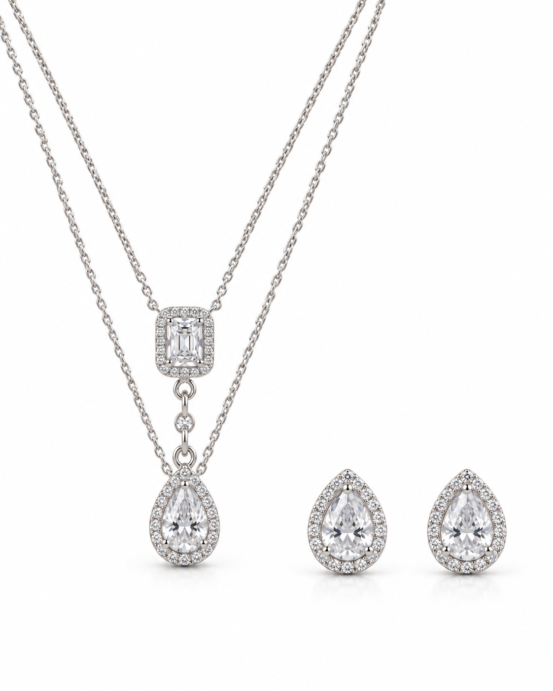 Teardrop pendant necklace and matching earrings with sparkling white accents