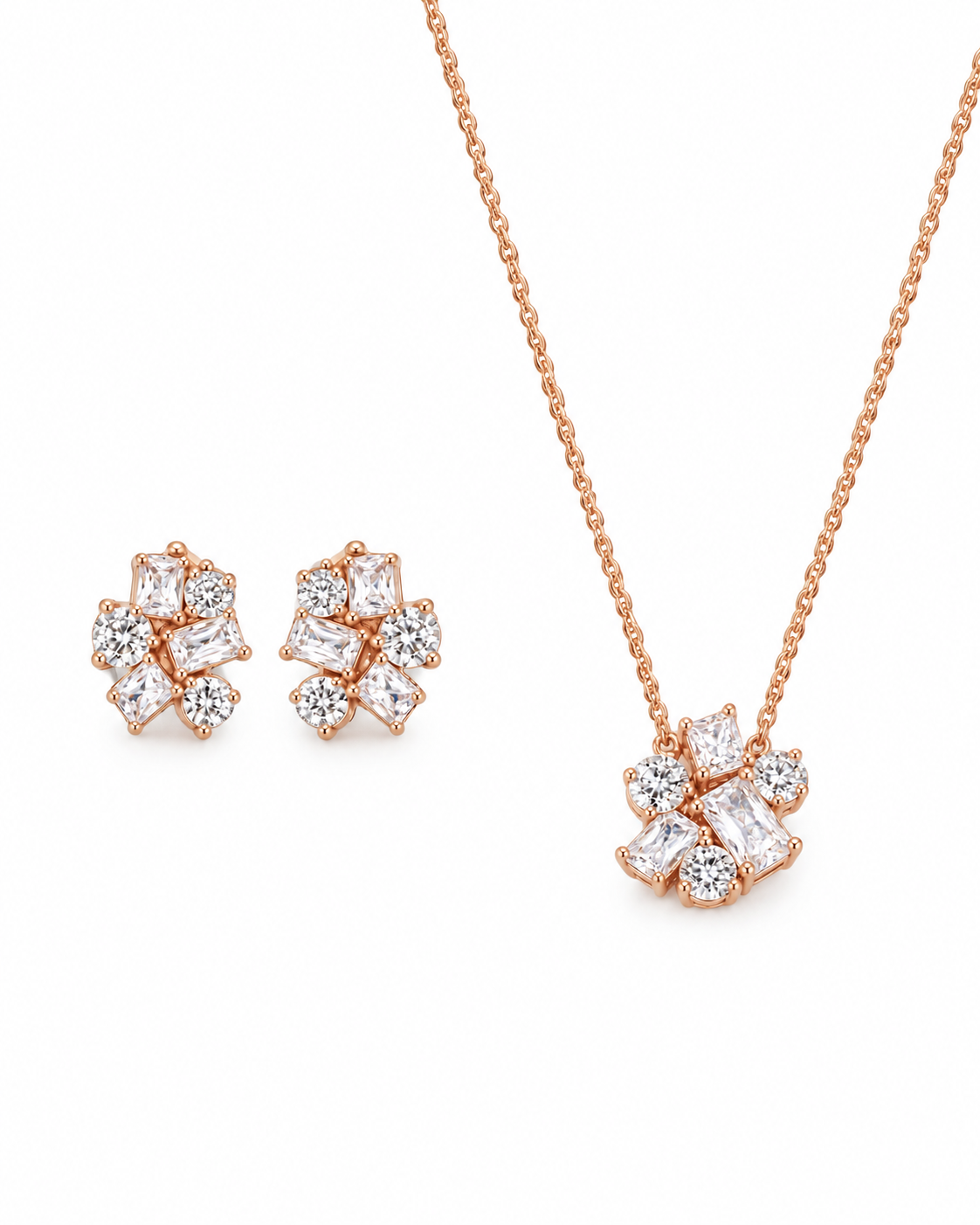 925 Sterling Silver mixed-cut cluster necklace and earrings set with warm-toned finish