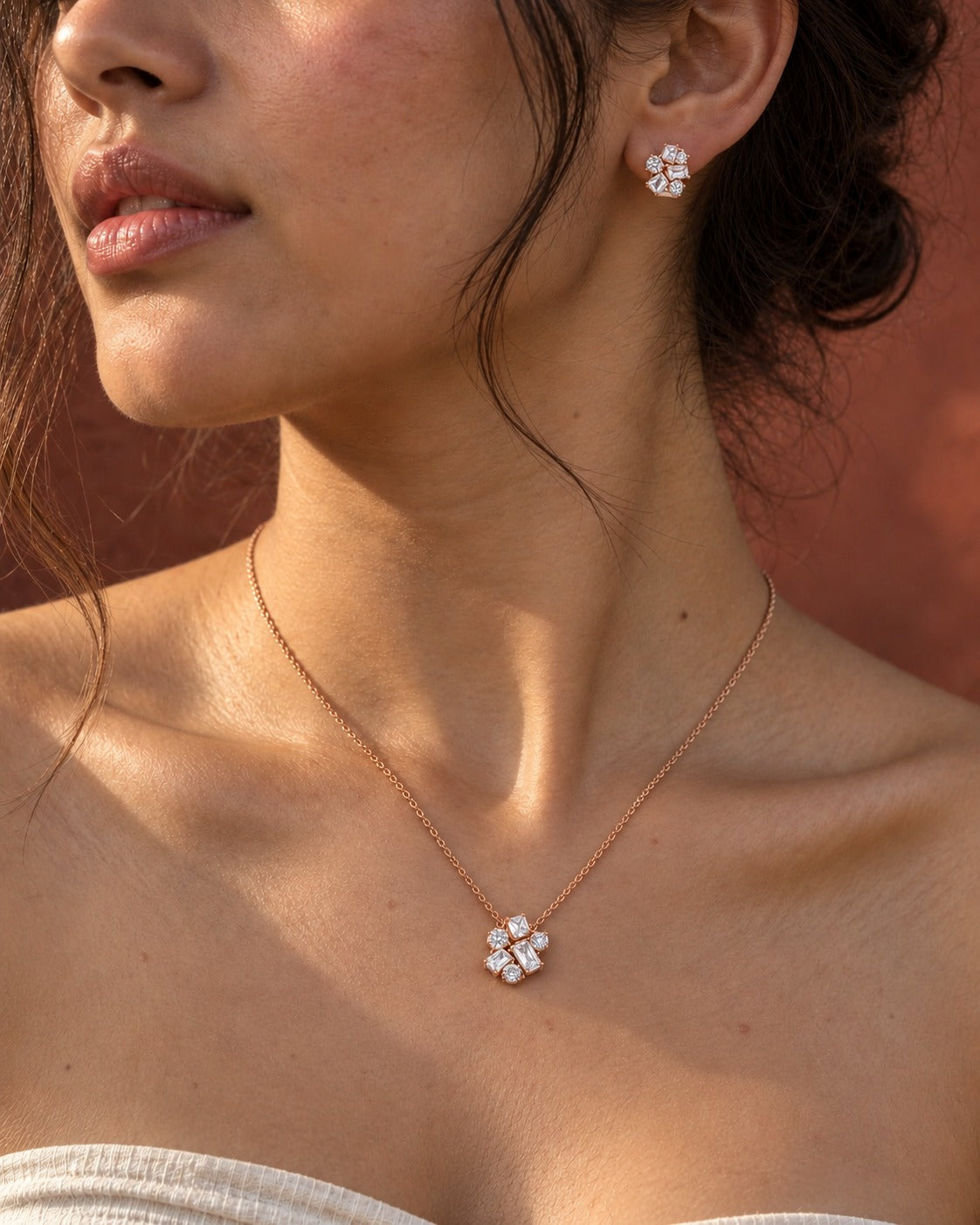 925 Sterling Silver mixed-cut cluster necklace and earrings set with warm-toned finish