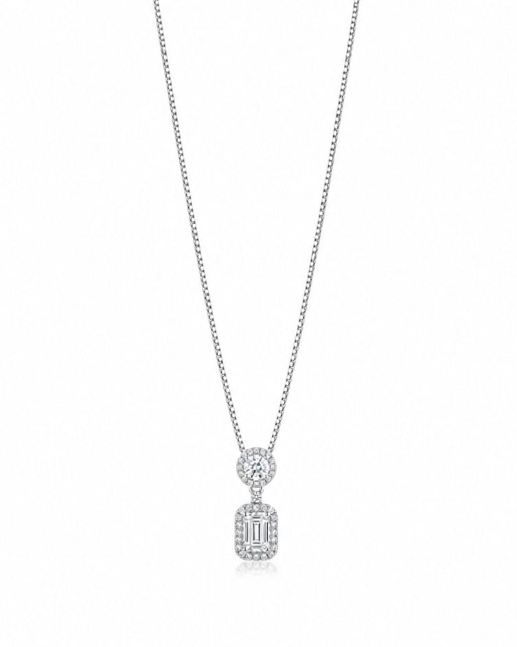 Emerald Cut Halo Pendant Necklace #color_silver