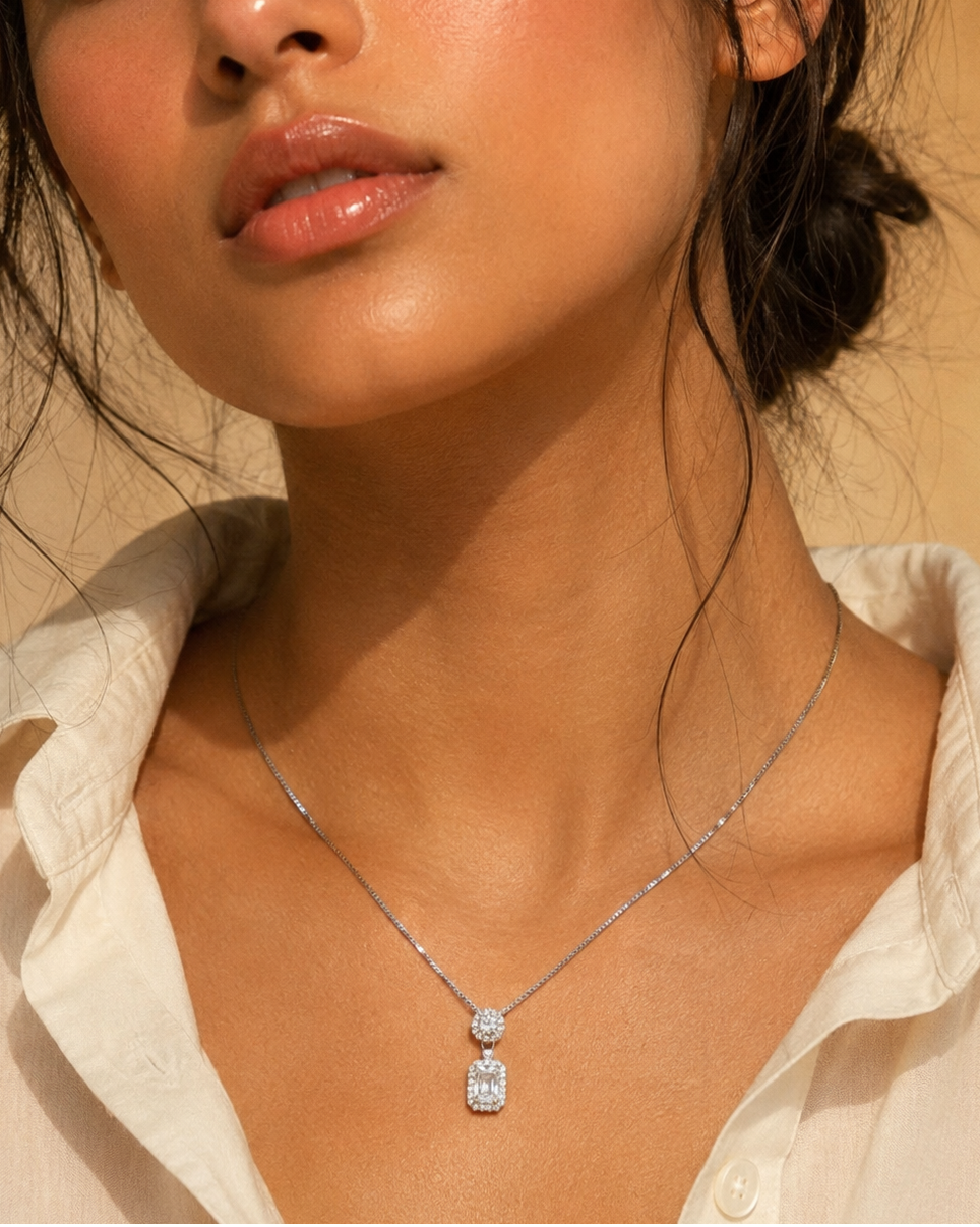 Emerald Cut Halo Pendant Necklace #color_silver