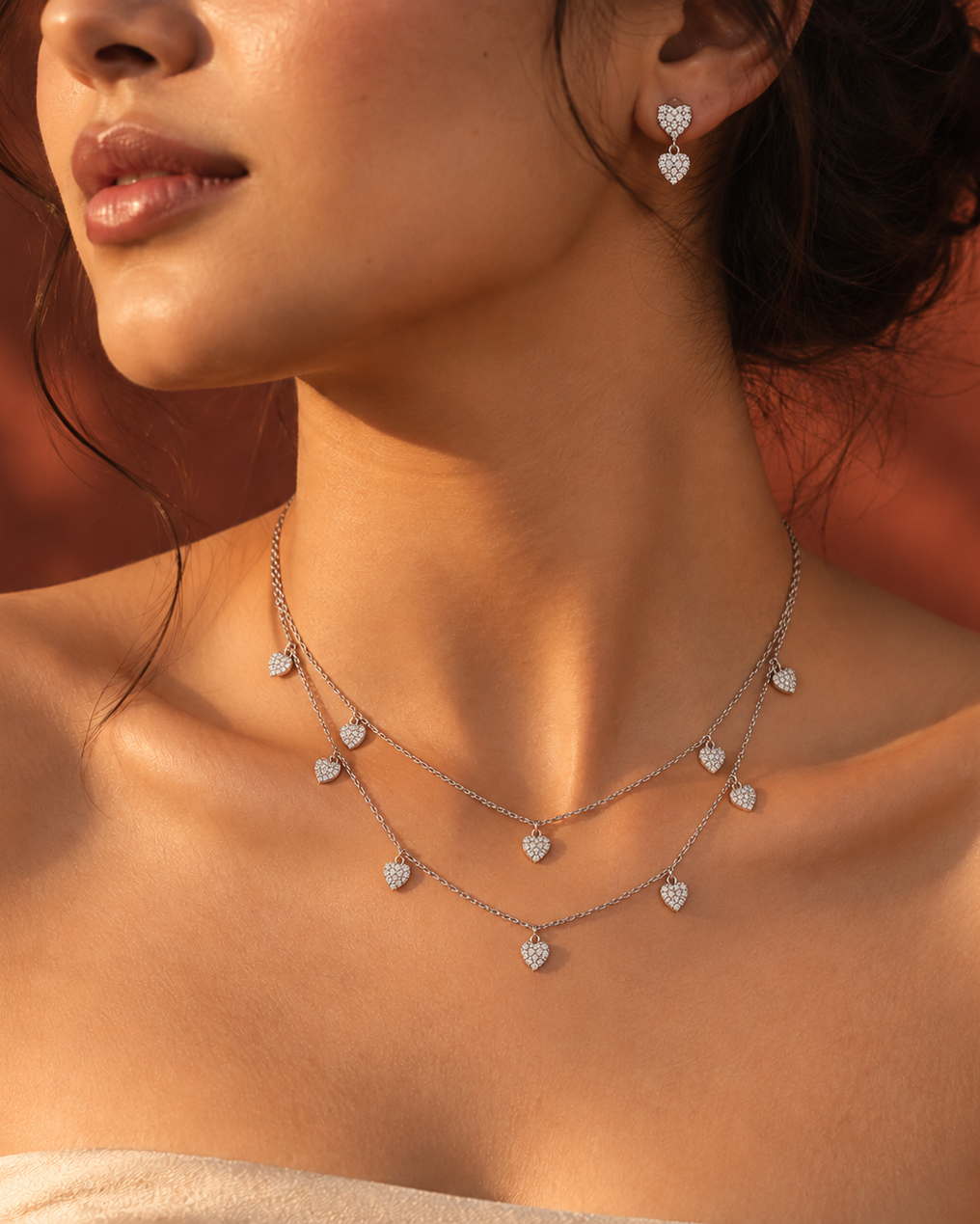 925 Sterling Silver pavé heart layered necklace and earrings set