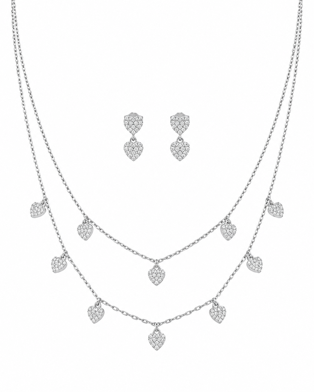 925 Sterling Silver pavé heart layered necklace and earrings set