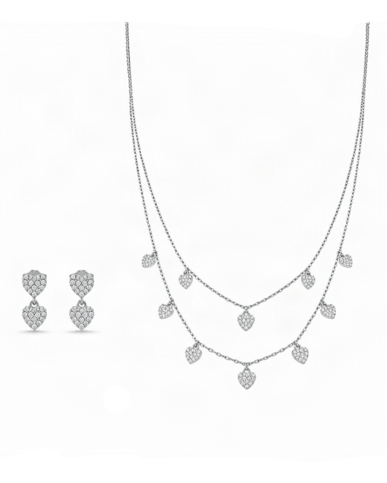925 Sterling Silver pavé heart layered necklace and earrings set