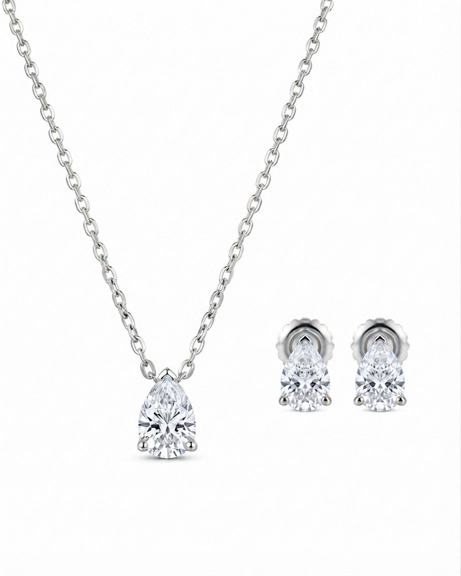 925 Sterling Silver pear-cut necklace and earrings set #color_silver