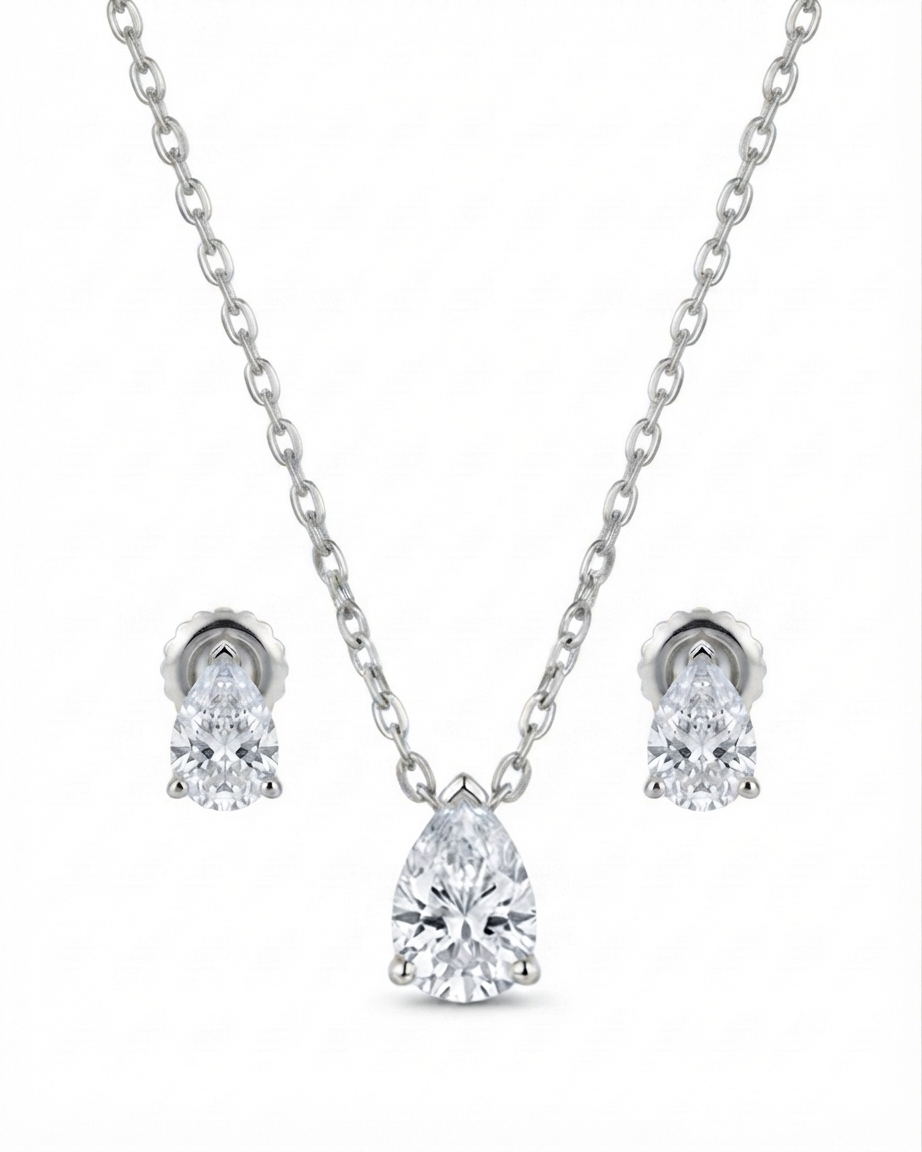 925 Sterling Silver pear-cut necklace and earrings set #color_silver