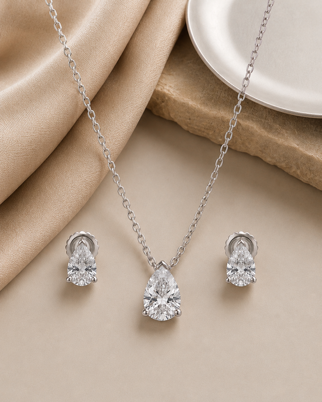 925 Sterling Silver pear-cut necklace and earrings set #color_silver