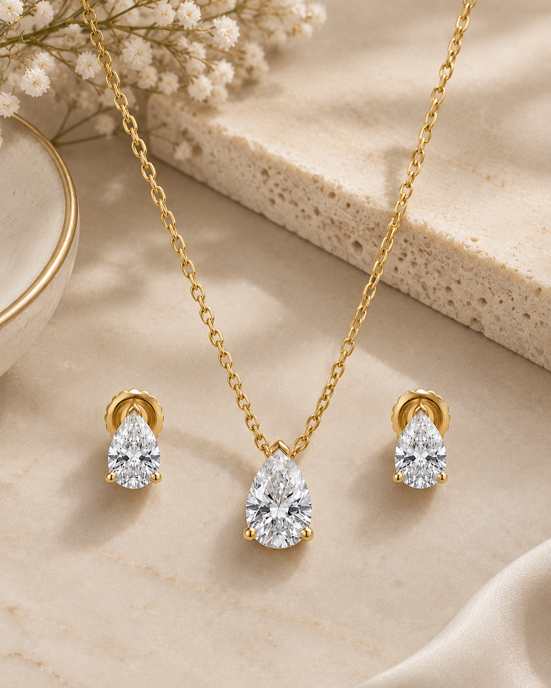 925 Sterling Silver pear-cut necklace and earrings set #color_gold