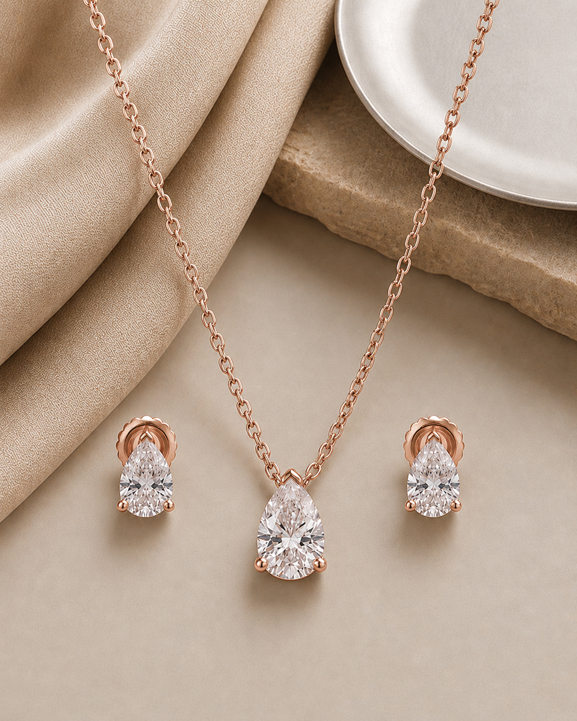 925 Sterling Silver pear-cut necklace and earrings set #color_rose gold