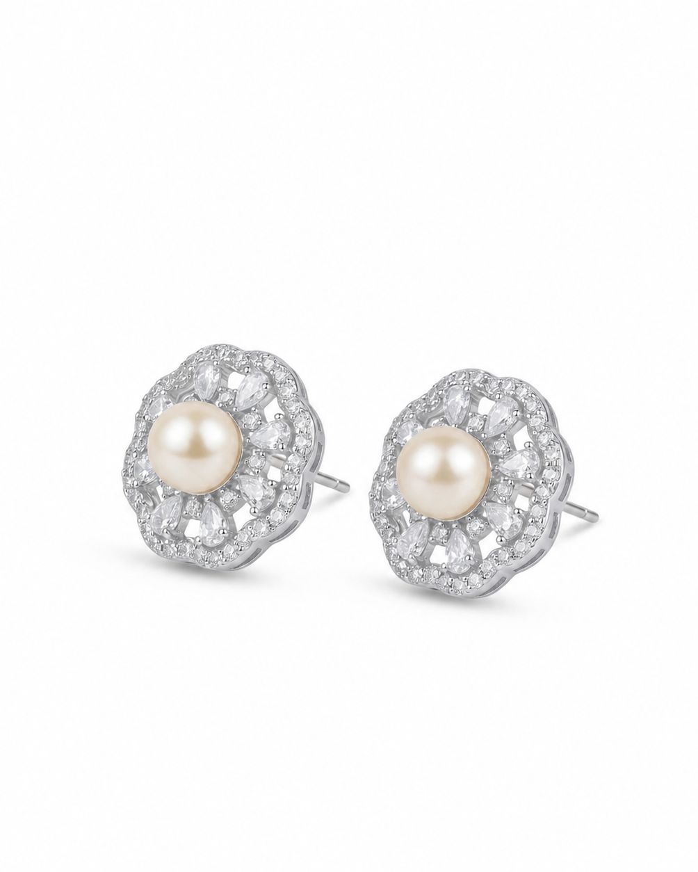 Pearl Floral Stud Earrings #color_silver