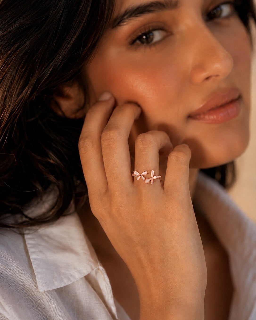 925 Silver Butterfly Pearl Adjustable Ring #color_rose gold