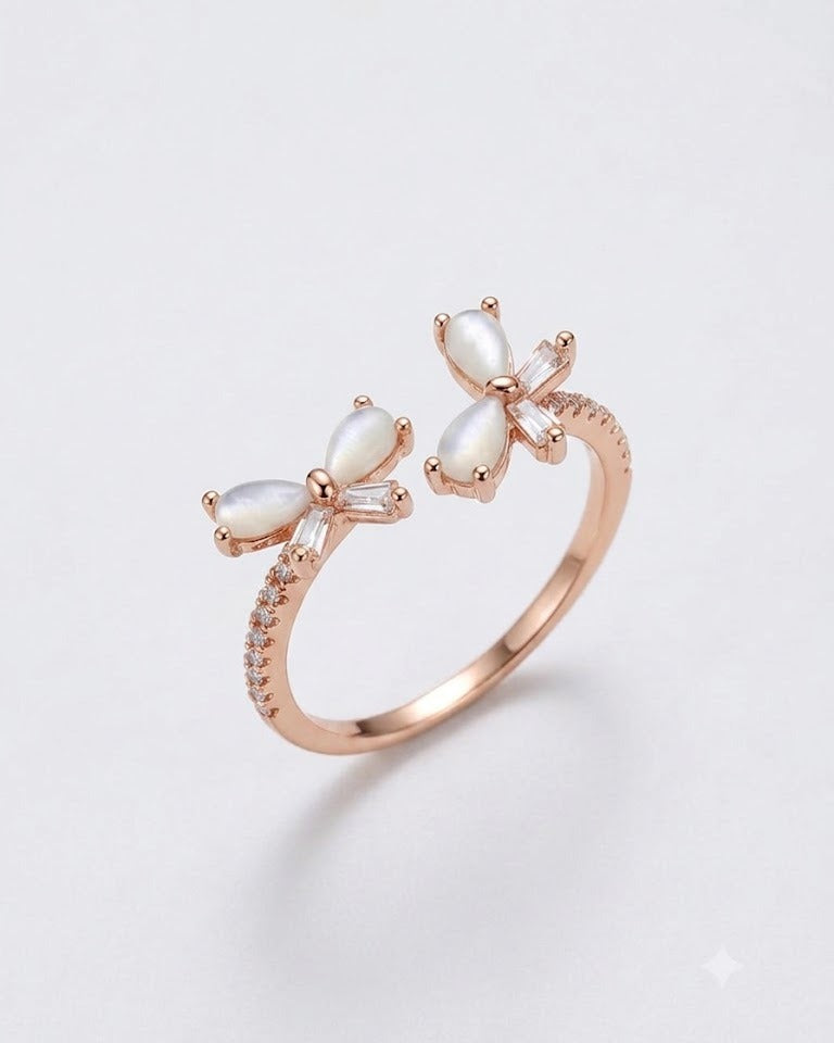 925 Silver Butterfly Pearl Adjustable Ring #color_rose gold