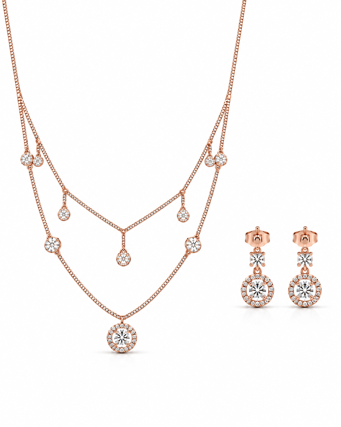 Layered necklace and earrings set with round-cut white accents#color_rose gold