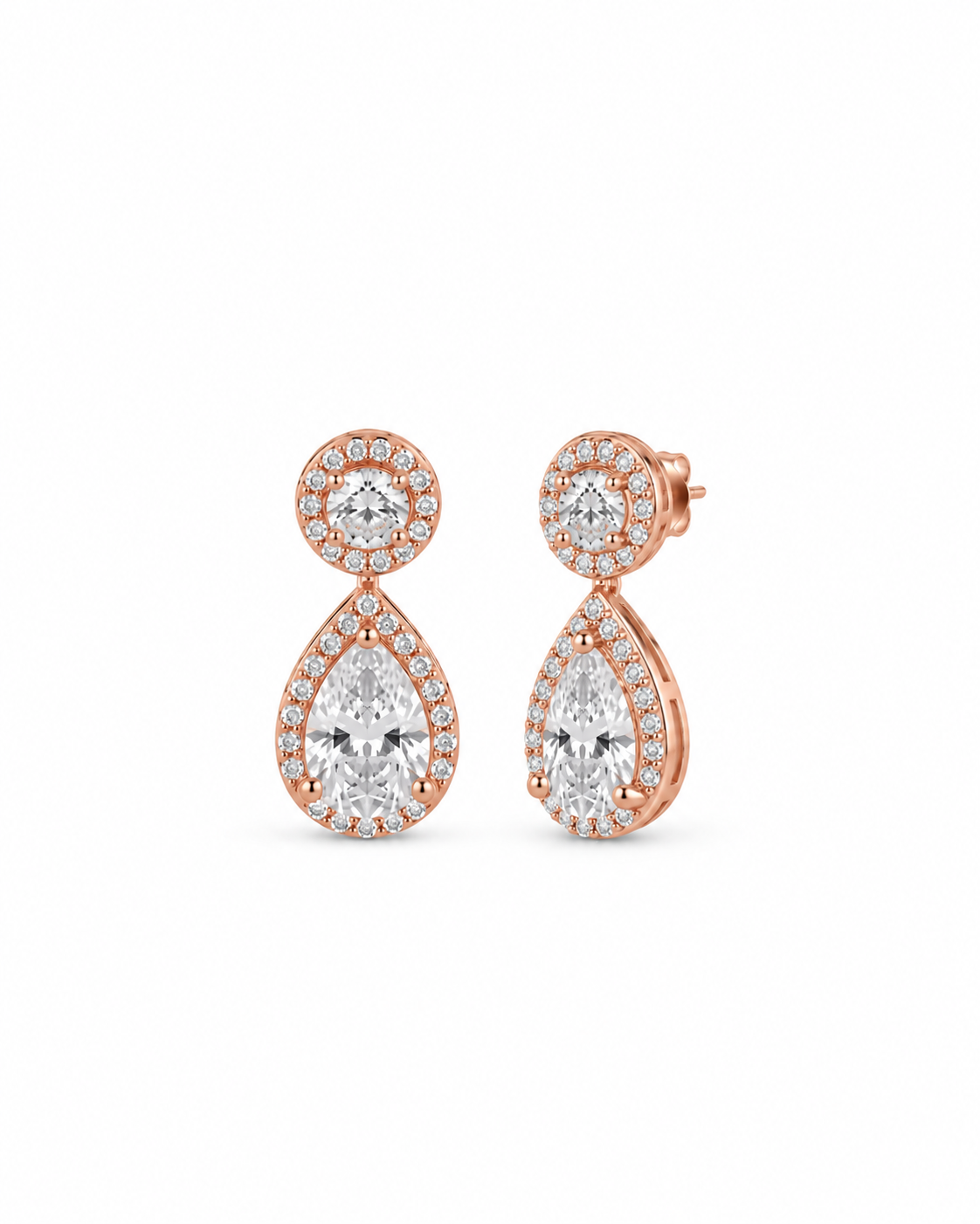 925 Sterling Silver pear halo drop earrings with signature finish #color_rose gold 