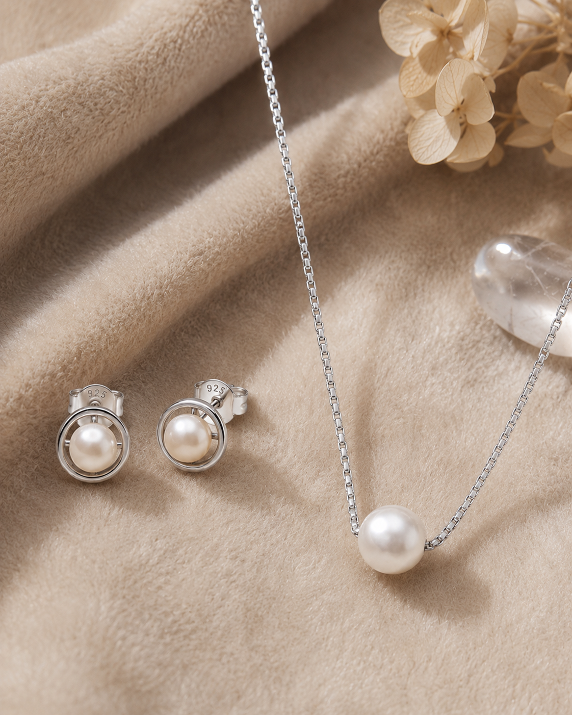 925 Sterling Silver round pearl necklace and open circle earrings set.