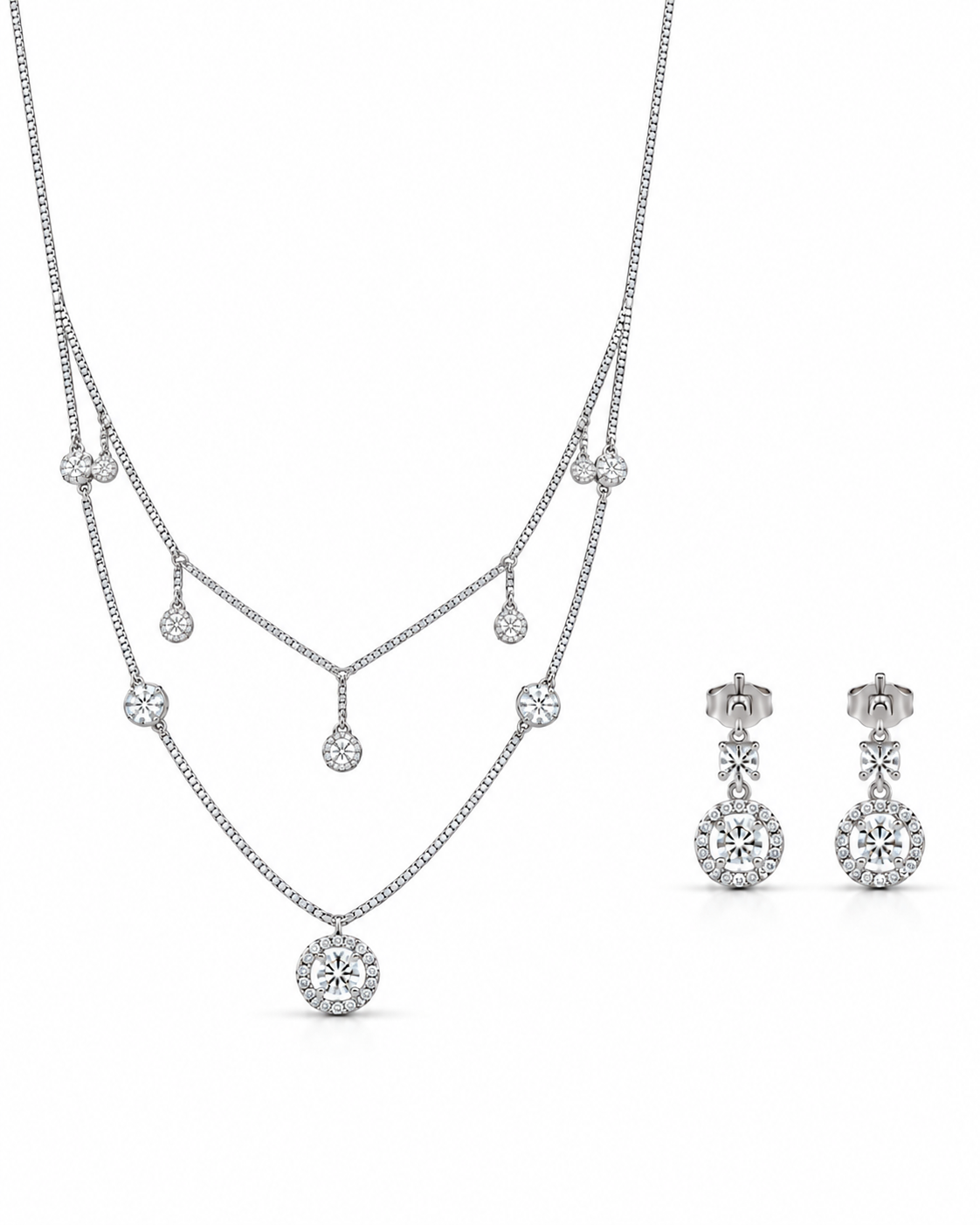 Layered necklace and earrings set with round-cut white accents#color_silver