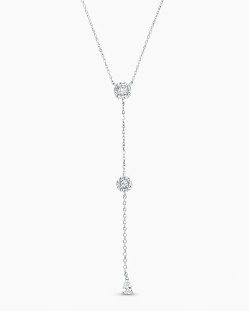 925 Sterling Silver square halo lariat necklace with round and pear drop accents
