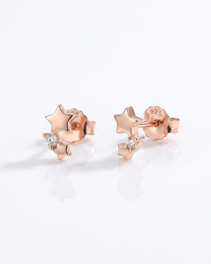 Stella Twin Star 925 Silver Stud Earrings #color_rose gold