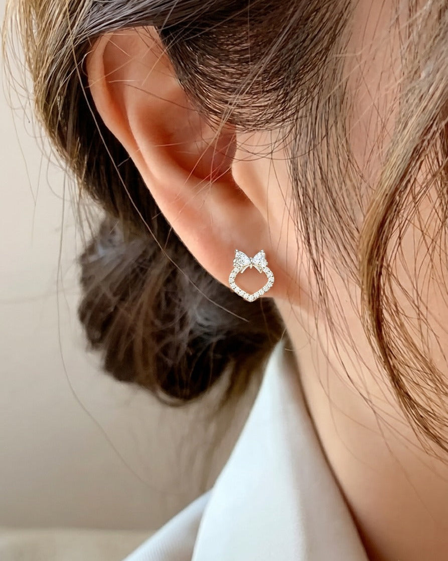 Cute bow and heart stud earrings #color_silver