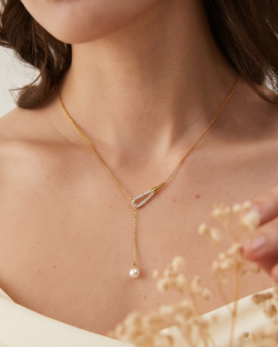 Teardrop Pearl Drop Necklace for Women#color_gold