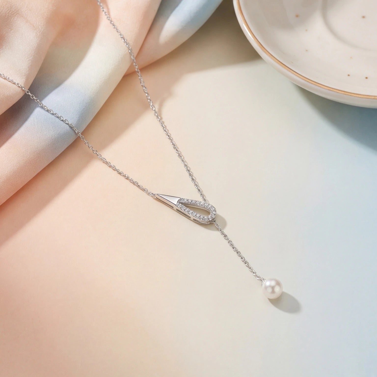 Teardrop Pearl Drop Necklace for Women#color_silver
