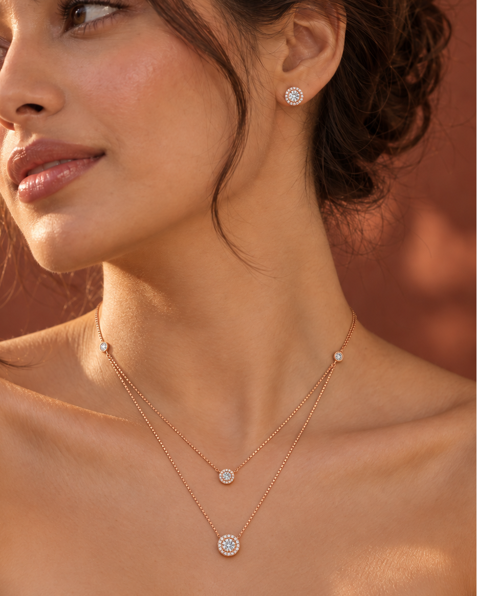 925 Sterling Silver tiered halo necklace and earrings set