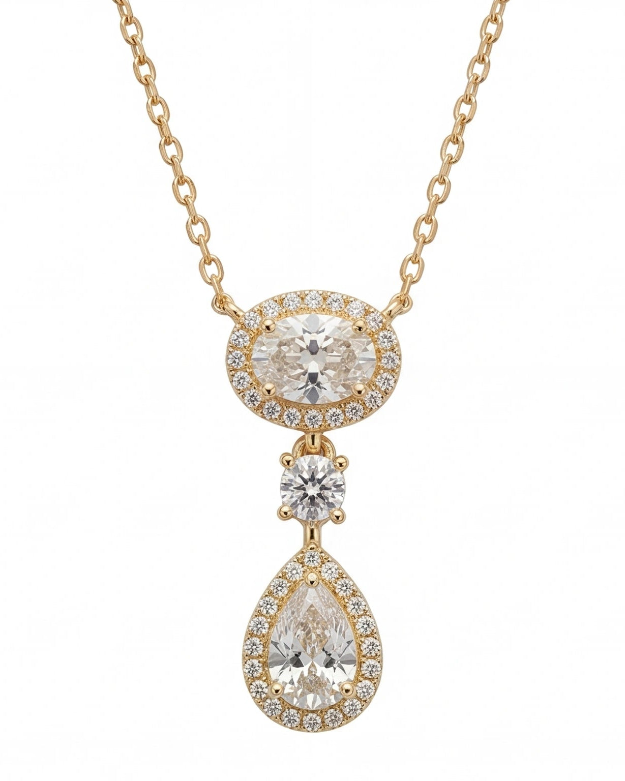 Oval & Pear CZ Halo Drop Necklace for Women #color_gold