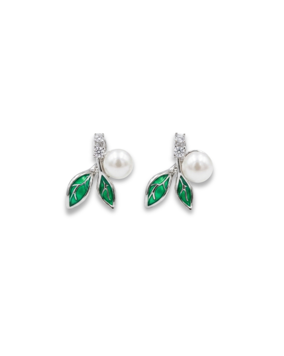 Emerald Pearl Leaf Stud Earrings