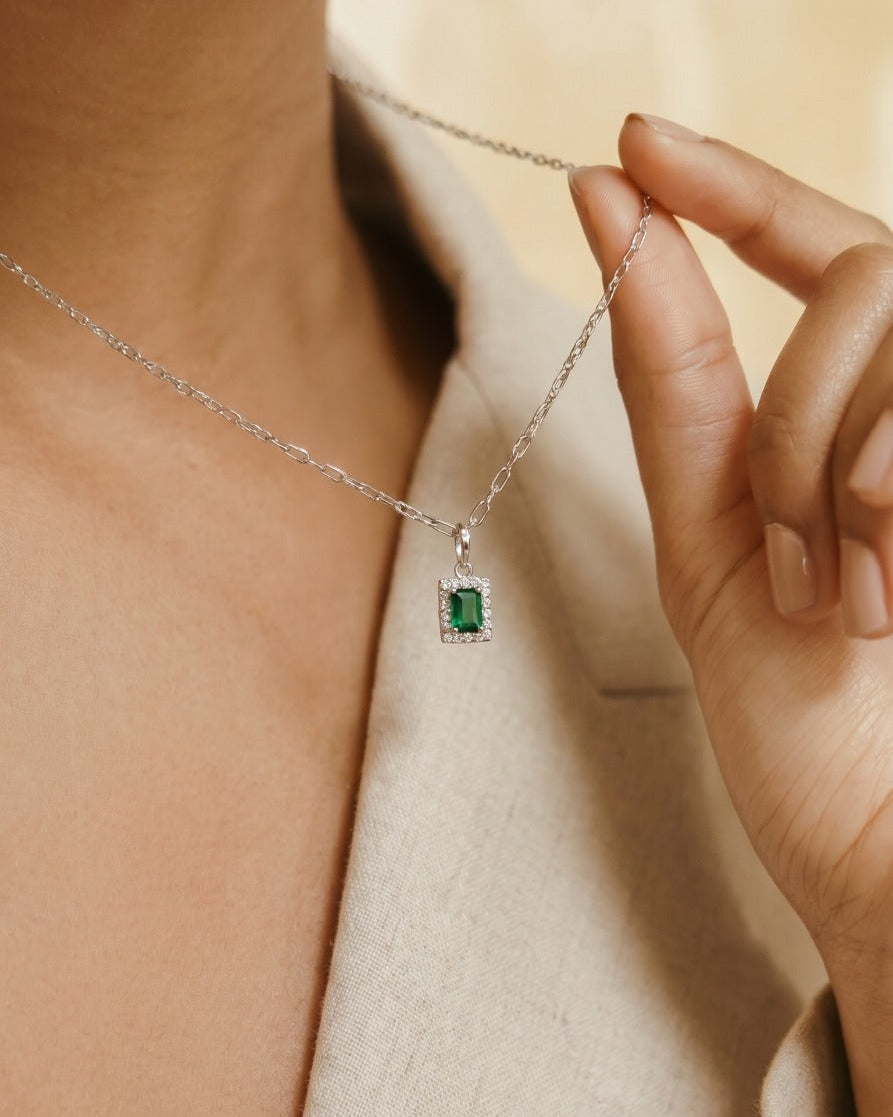 Emerald Halo Pendant Necklace for Women#color_silver