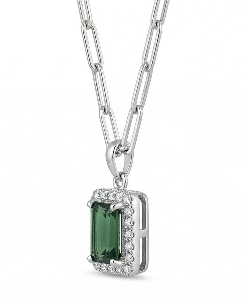 Emerald Halo Pendant Necklace for Women#color_silver