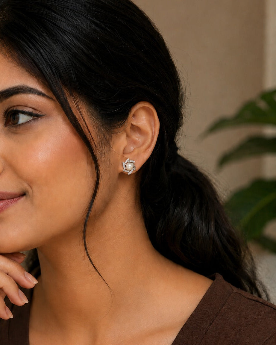 Celeste Pearl Bloom Stud Earrings #color_silver 