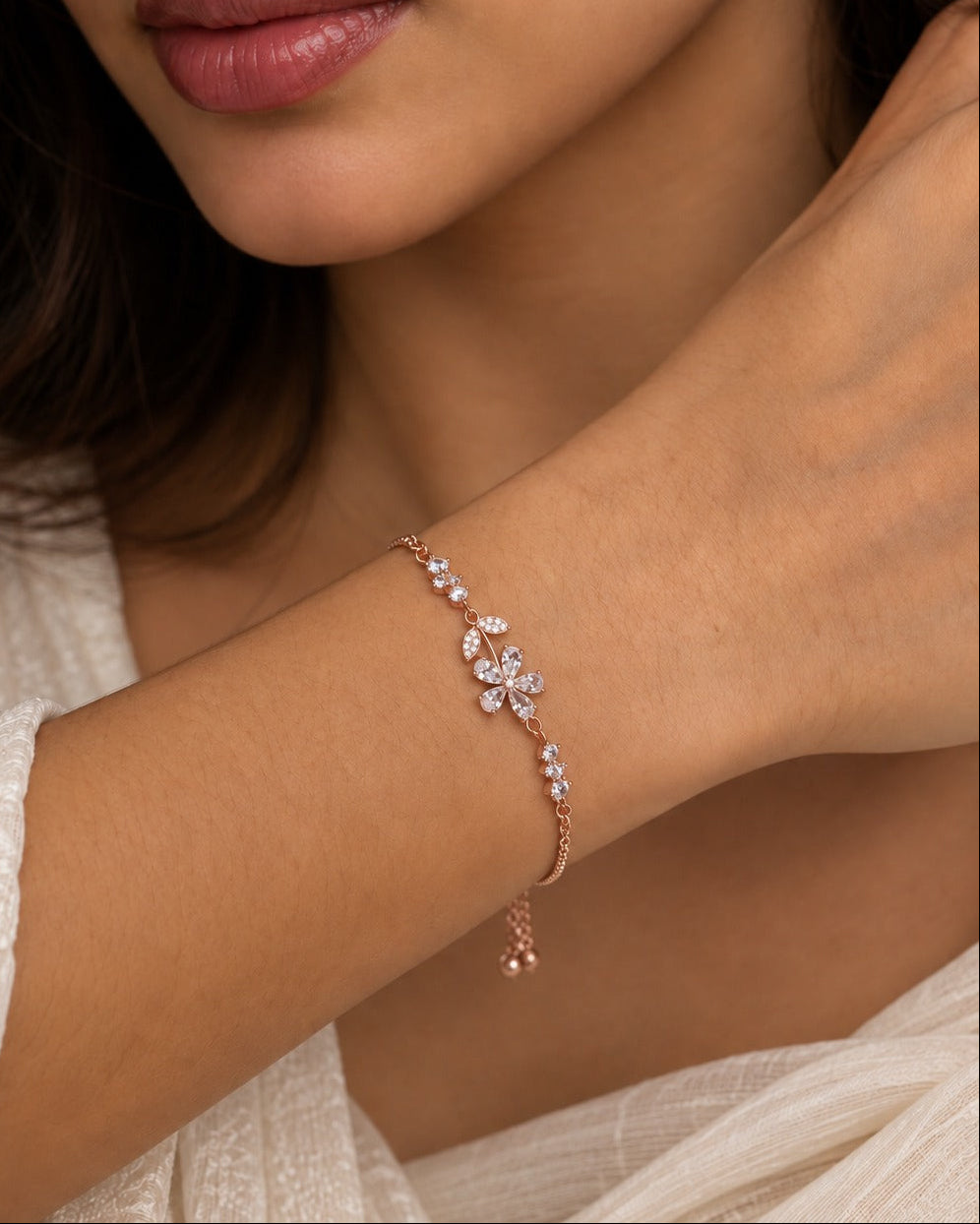 Floral slider bracelet with sparkling white accents